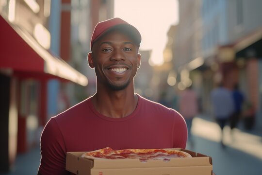 Male African American delivery man in a red t-shirt and baseball cap holds a pizza box in his hands. Home delivery. Generative AI