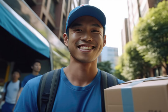 An Asian courier in a blue uniform with a cap holds a box of goods in his hands. Delivery and courier service. Transportation. Generative AI