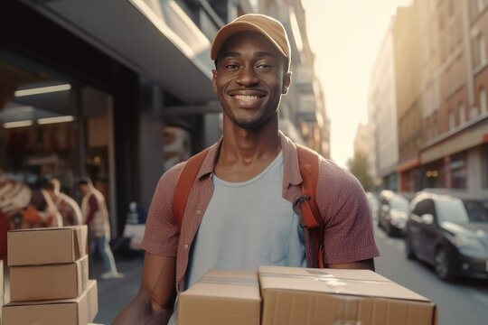 Smiling young African-American man, wearing a cap and a backpack with a craft box in his hands. Courier service, home delivery. Generative AI