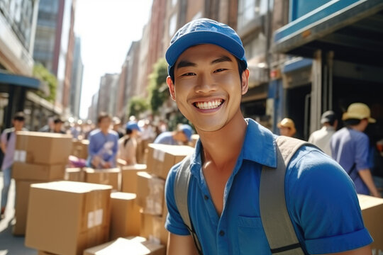 An Asian courier in a blue uniform with a cap stands on the background of city streets with a lot of craft boxes. Delivery and courier service. Transportation. Generative AI.