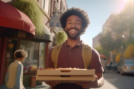 Happy african american man holding pizza box in his hands. Food shopping, delivery, fast food. Generative AI