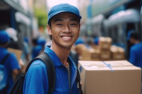 An Asian-looking courier in a blue uniform with a cap, standing against the backdrop of city streets, holding a box of orders in his hands. Delivery and courier service. Traffic. Generative AI.