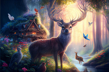 Magical fairytale forest, with lush foliage, enchanting creatures, and a sense of wonder that transports you to a whimsical realm, generative ai