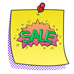 Sticker with the text Sale in cartoon style . Pop Art vintage Illustration on transparent background