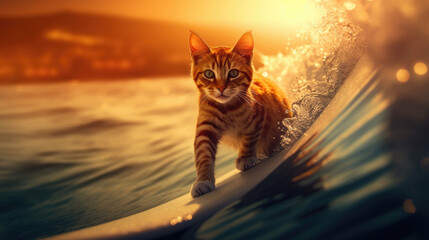 Striped tabby cat wet and wild on a surfboard riding the rolling splashing waves in Hawaii with bright sunshine sunset backdrop, pure bliss and thrilling excitement - generative AI