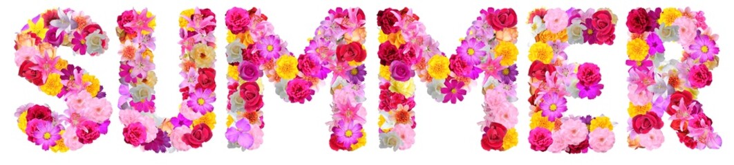 word "summer" with various colorful flowers