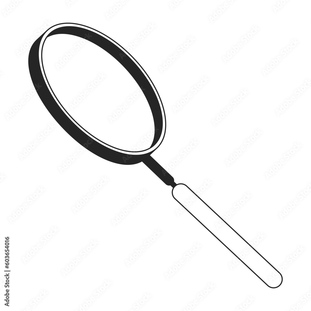 Poster left pointing magnifying glass flat monochrome isolated vector object. tilted left loupe instrument.