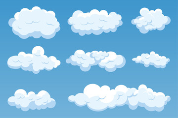 Big set of Clouds isolated on a blue background. Simple and cute cartoon design. Icon or logo collection. Realistic elements. Flat style vector illustration.