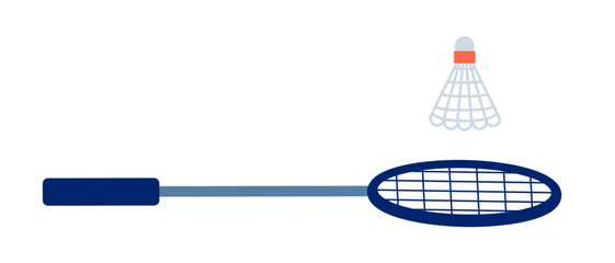 Badminton racquet and shuttlecock semi flat colour vector object. Badminton sports equipment. Editable cartoon clip art icon on white background. Simple spot illustration for web graphic design