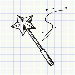 Magic wand doodle icon. Outline sketch style vector illustration. Hand drawn picture on paper sheet