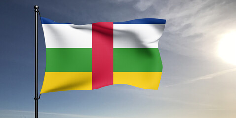 Central African Republic national flag cloth fabric waving on beautiful grey sky Background.