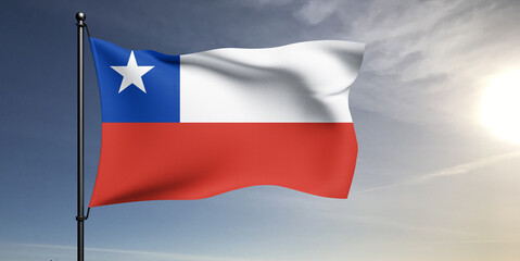 Chile national flag cloth fabric waving on beautiful grey sky Background.