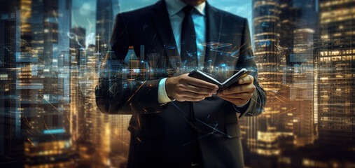 professional open his fold tablet or smart phone with city and building projection