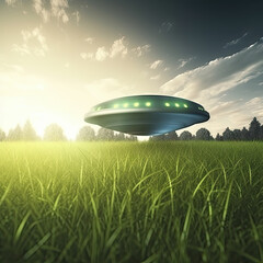 Naklejka na ściany i meble Grey UFO alien ship flying under green grass on sunny evening. Flying saucer with lights floating on cloudy day AI generative illustration