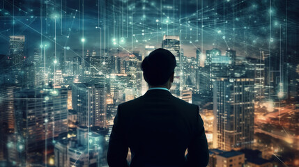 silhouette business guy in front of busy night of financial city