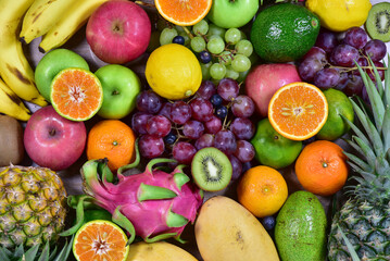 assorted fruits, top view healthy food concept Including high vitamin fruits, fresh fruits, thai fruits
