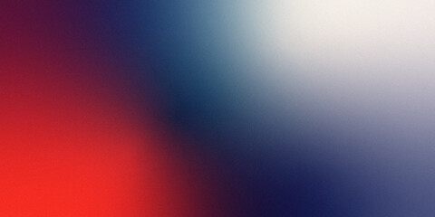 Color gradient grainy background, red toned blue white illuminated spots on black, noise texture effect