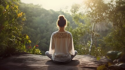 Serene individual practicing mindfulness meditation outdoors, surrounded by nature. Seen from the back, this calming scene exudes tranquility, mindfulness, nature, and well-being. Generative AI