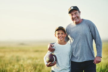 Father, kid portrait and rugby ball in countryside field for bonding and fun in nature. Mockup, dad...