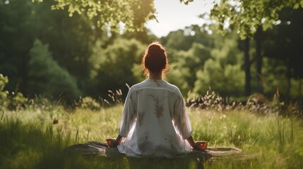 Serene individual practicing mindfulness meditation outdoors, surrounded by nature. Seen from the back, this calming scene exudes tranquility, mindfulness, nature, and well-being. Generative AI