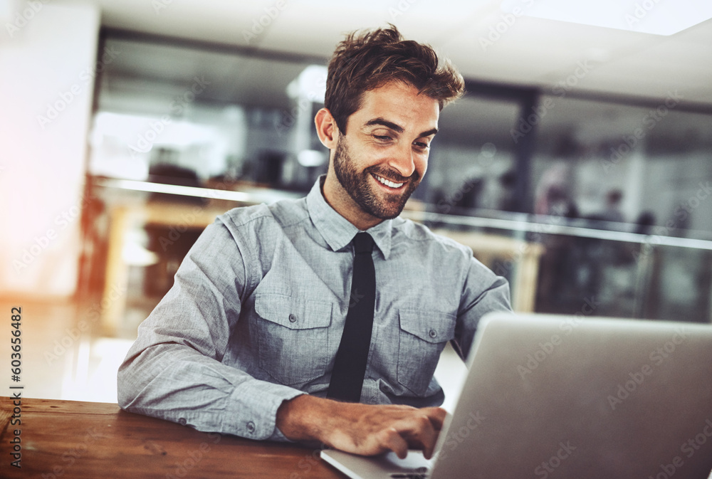 Poster happy businessman, laptop and typing email for communication, schedule or networking at office. male