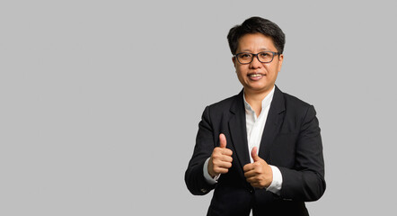 Portrait of a businesswoman with short black hair hand showing thumbs up while standing on a gray...