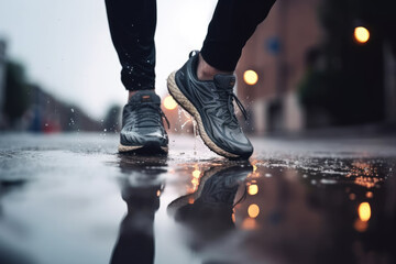 Sneaker shoes, feet close-up. Wet rainy weather, puddles. Runner makes a morning run in a city street. Jogging, running, wellness, fitness, health concept. City landscape blurred background