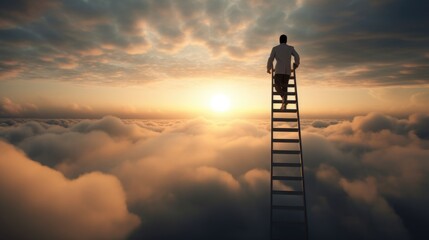 A Man Gazes at the Beautiful Sun and Sky from atop a Ladder, after Climbing through Hardship, Symbolizing Resilience, Passion, Perseverance, and Success. Generative AI