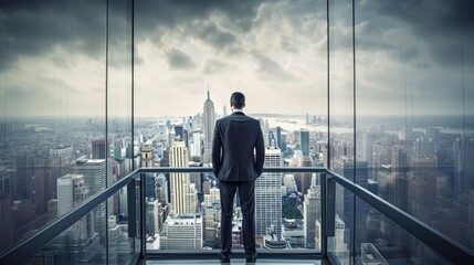 Fototapeta premium A businessman Looking Out of the Window at a city view. Business vision, ideas, thoughts, and plans concepts. AI-generated