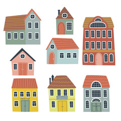A set of cute houses for children's design. Hand drawn vector illustration. Can be used for children's textiles, poster printing in the boy's nursery.