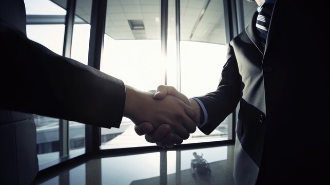 Two businessmen or office workers engage in a handshake in front of an office door, symbolizing teamwork, collaboration, and the shared achievement of success. Generative AI
