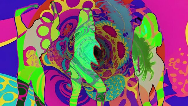 A video of 3 dancers silhouettes with retro psychedelic sixties and seventies style backgrounds.
