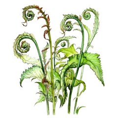 Fiddleheads in watercolor style with ink outline on white background (generative AI)