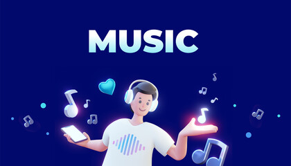 3d illustration of happy man with phone and headphones listening to music on color background with note and word music. 3d render design of man character dancing with note