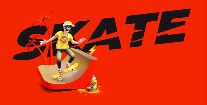 3d illustration of happy man with skateboard on ramp on red color background with palm tree and paint spray. 3d render design of skater character with skate and word skate