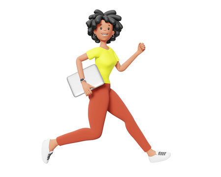 3d illustration of happy business wowoman with black hair isolated on white color background. 3d render design of smile woman character run and hold laptop in hand