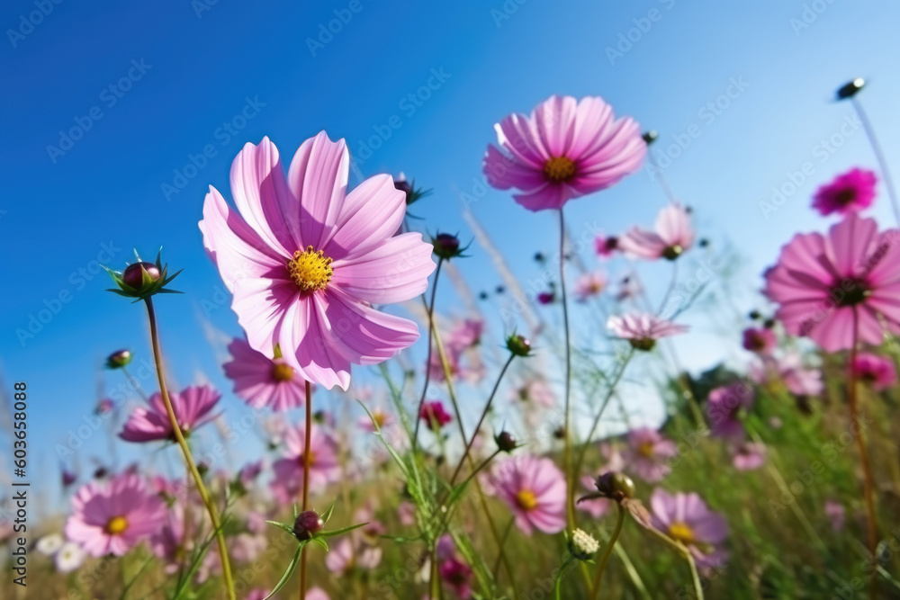 Wall mural beautiful pink cosmos flowers against the blue sky outdoors in nature close-up.