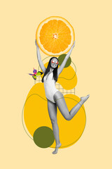 Photo collage of beautiful fit girl bikini sunglasses hold huge slice orange juice advert summer season fruit isolated on yellow background