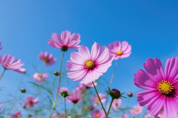 Beautiful pink cosmos flowers against the blue sky outdoors in nature close-up.