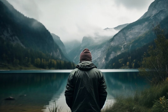 Mensch von hinten schaut auf wunderschönen See mit Bergen und Nebel und genießt die Weite und Freiheit