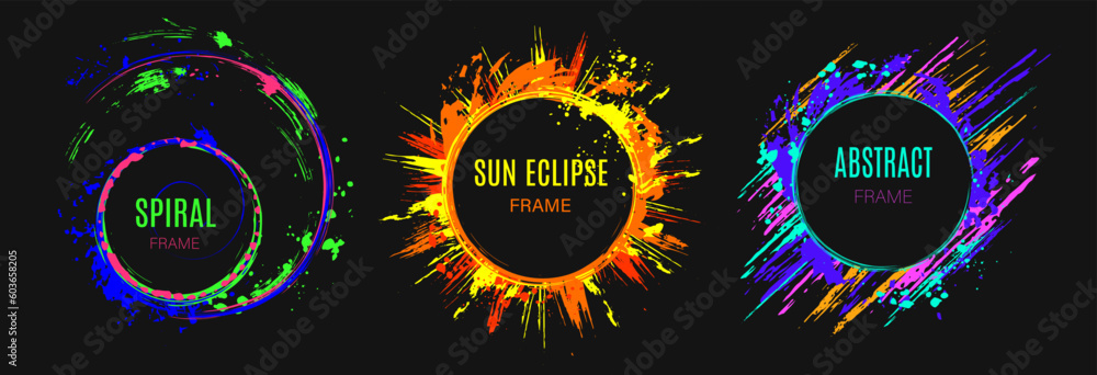 Poster set of circular frames with copy space dark circle on background with paint brush strokes, dynamic g