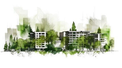 Sketch of a sustainable development project isolated on a white background. Green project, underlining the importance of environmental considerations in planning and architecture. Generative A
