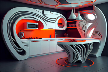 A sleek and futuristic illustration of a kitchen interior, featuring cutting-edge design elements and advanced technology, generative ai