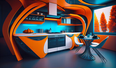 A sleek and futuristic illustration of a kitchen interior, featuring cutting-edge design elements and advanced technology, generative ai