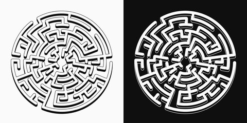 Big labyrinth in vintage style. Design element for esoteric, mystical surreal concepts, answer search, spiritual quest. Black and white illustration