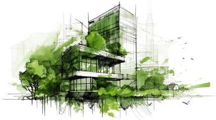 Sketch of a sustainable development project isolated on a white background. Green project, underlining the importance of environmental considerations in planning and architecture. Generative A