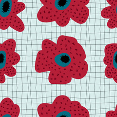 Exotic rafflesia flowers seamless pattern on trippy grid background. Perfect print for tee, paper, textile and fabric. Retro style vector illustration for decor and design.