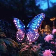 Neon Light Glowing Butterfly on Flower
