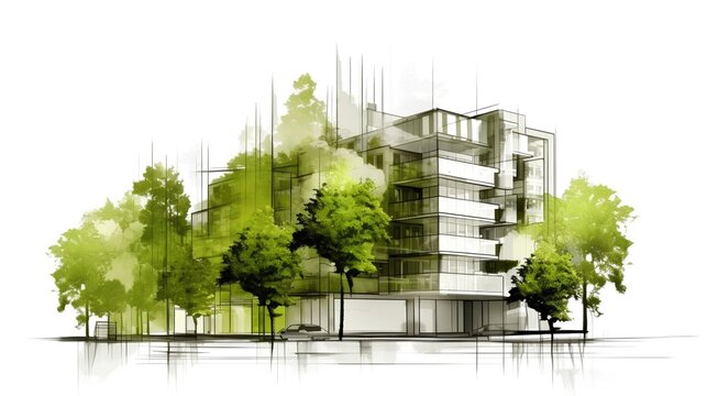 Sketch of a sustainable development project isolated on a white background. Green project, underlining the importance of environmental considerations in planning and architecture. Generative A