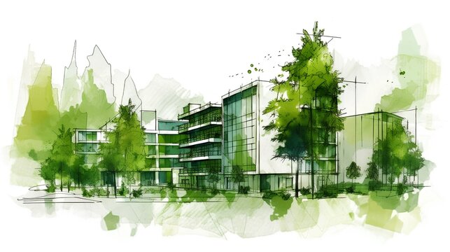 Sketch of a sustainable development project isolated on a white background. Green project, underlining the importance of environmental considerations in planning and architecture. Generative A